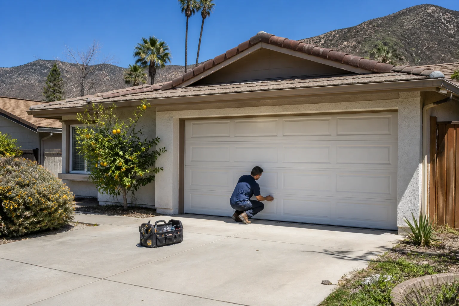 Garage door technician at a representative home in Riverside, CA