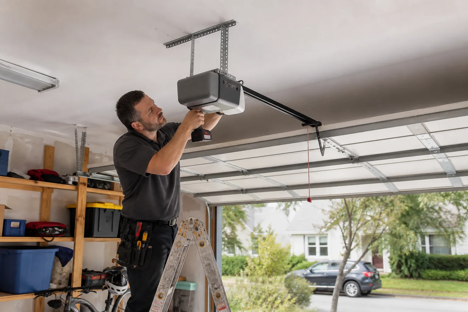 Garage Door Opener Installation performed safely in a residential garage