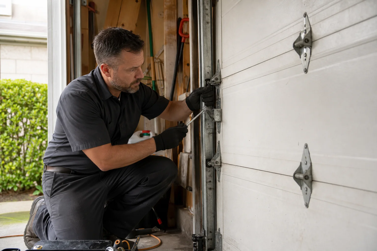 Garage Door Tune-Up & Maintenance performed safely in a residential garage
